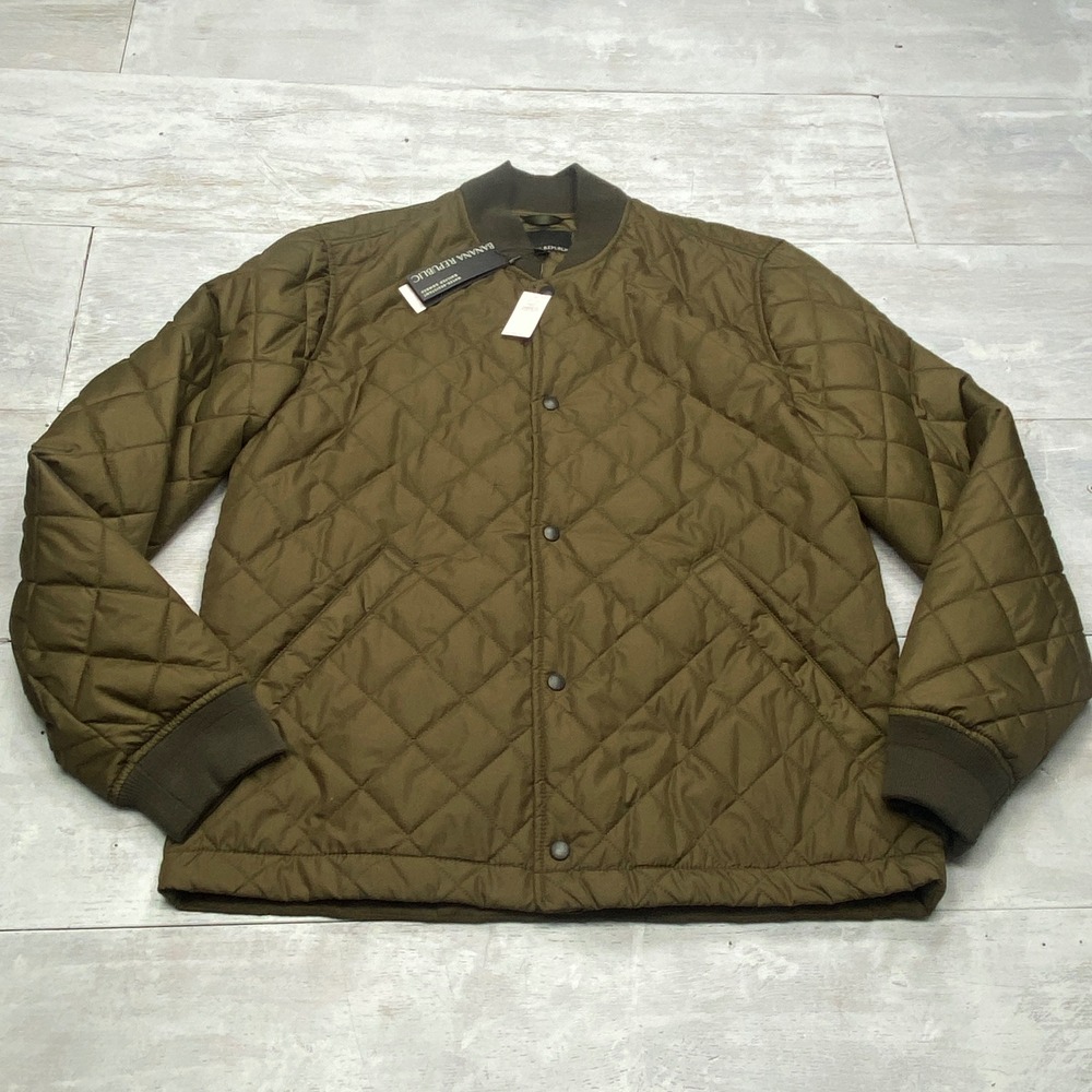 Banana Republic Quilted Bomber Jacket Mens L Olive Green Water Resistant NWT